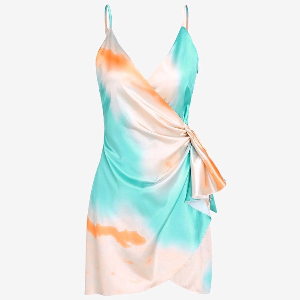 Onëleven NWT Water Color Wrap Mini Dress in Cream/Turquoise/Orange Size Small